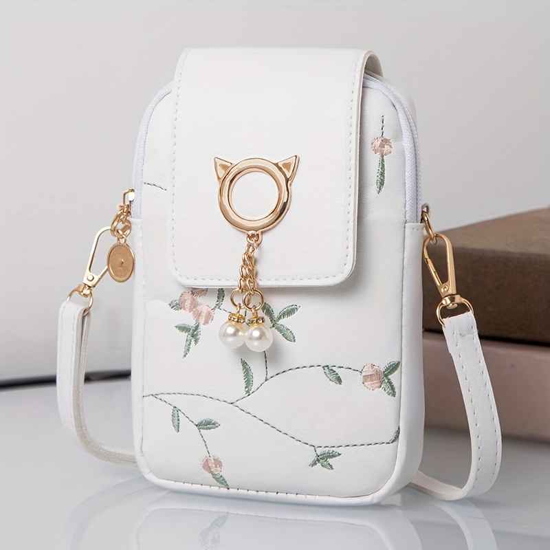 TEMU Embroidered Crossbody Bag For Women - Soft Pu , Adjustable Strap, Fashionable , Lightweight, Zipper Closure, Polyester Lined, Casual Purse