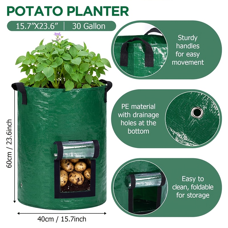 TEMU Lot de 2 sacs de pour pommes de 30 gallons avec rabat transparent et poignées, pots en PE vert durable, grands sacs de pour oignons, fruits,