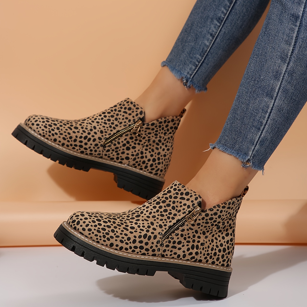 1pr womens leopard print ankle booties round toe zipper closure block heel boots   flannel upper fabric lined   heel rubber sole booties cn36 eu35 5 leopard print 11