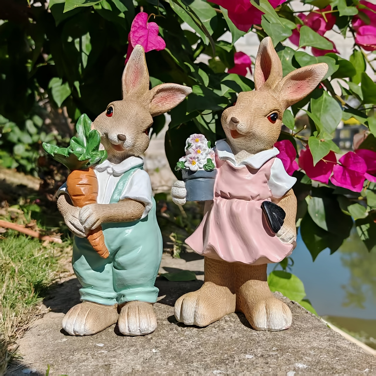 1 pair cute country style rabbit statues whimsical holding carrot and flower basket indoor outdoor garden bookshelf terrace valentines day and easter gift for garden rabbit statues