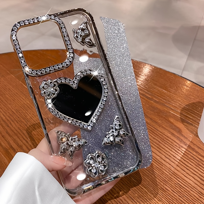 New Love Shape Glitter Mirror Phone Case for IP16 IP 16 Pro Max 15 Pro 14 PLUS 13 12 11 XS, Double Row Of Synthetic Diamonds Luxurious Glitter Feel with Lens Protection, Durable, Shockproof