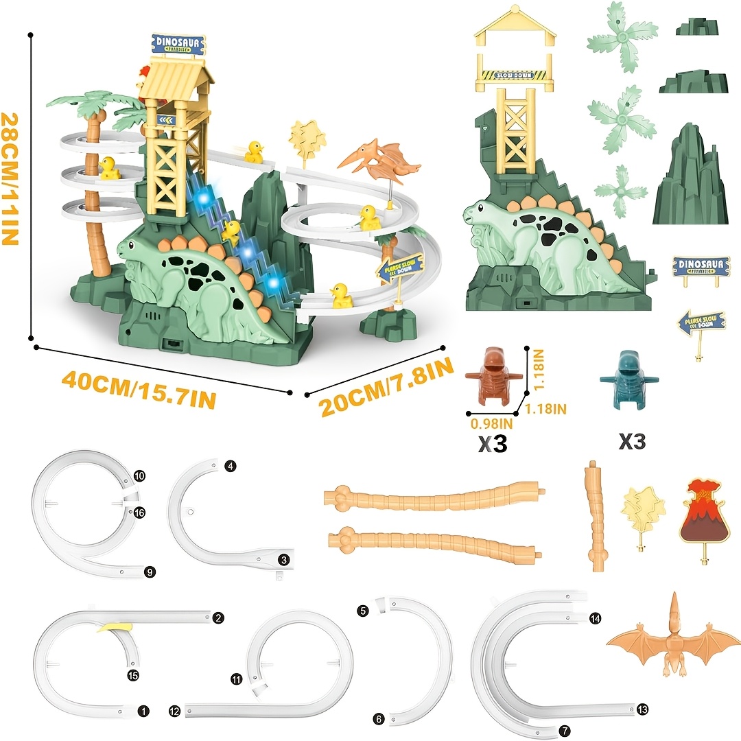 TEMU de course électrique Dinosaure avec plusieurs voitures de dinosaures, échelle tournante automatique à double couche avec lumières et musique, et