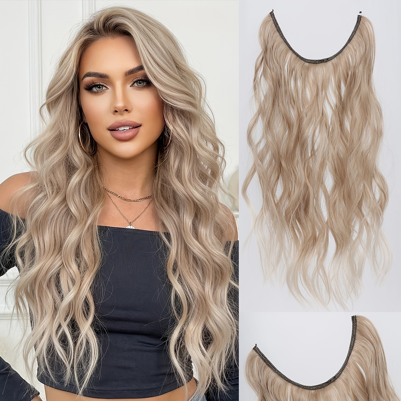 Image of 22 Inch Hair Extensions Fish Tail, Synthetic Hair, Invisible Wire Extensions, Loose Wave Hairpieces For Women, Looks Pair Effortless Grace, Suitable For Daily Party Festival And Cosplay Use