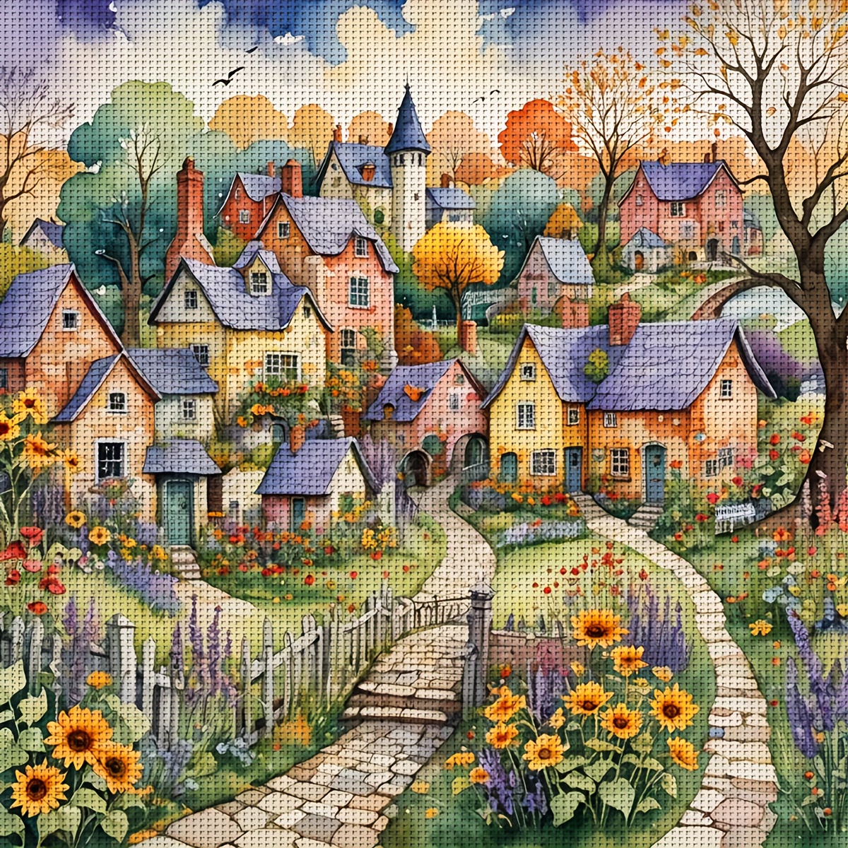 TEMU Jozysh, 1pc, 40x40cm/15.7x15.7inch, Cross Stitch Kit, Embroidery Crafts Set, Village, Patterned Printed Cross Stitch Kit, Random Thread Board