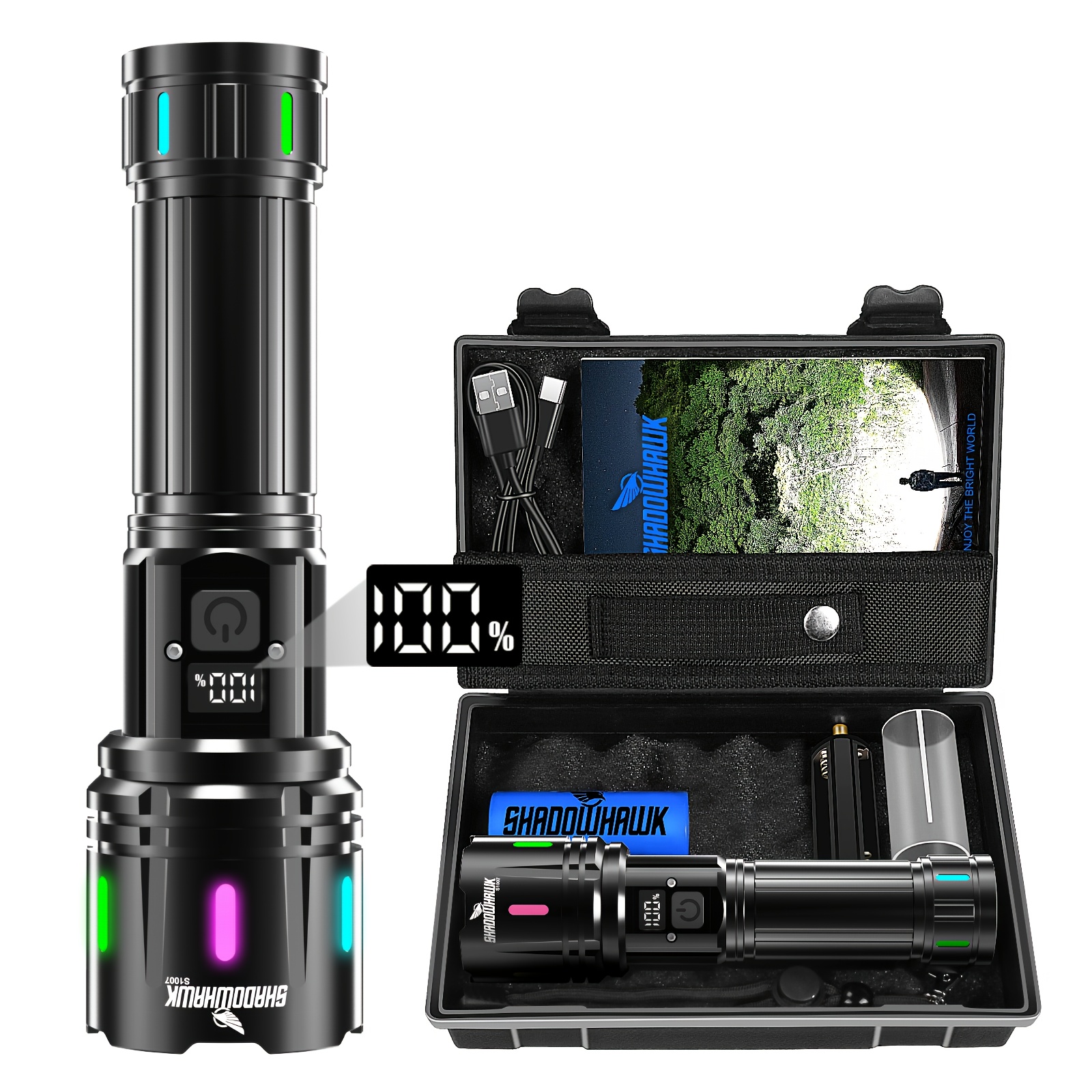 E-shop Shadowhawk Taschenlampe LED Wiederaufladbar, LED Taschenlampe Extrem XHM90.2 Taschenlampen USB, 5000mAh, Starke Taktische Taschenlampe