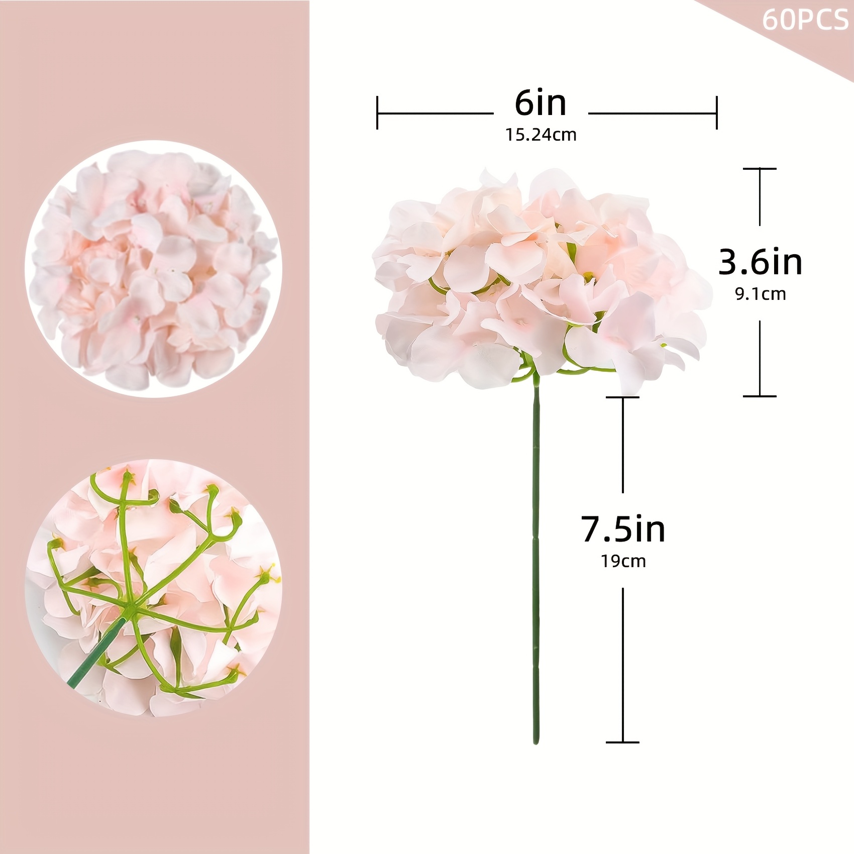 Image of 60pcs Light Pink Artificial Hydrangea Flowers, Fake With Stems For Diy Bouquets, Vase Filler, Wedding Arch Decorations, Indoor And Outdoor Home Party Garden Shower Decor