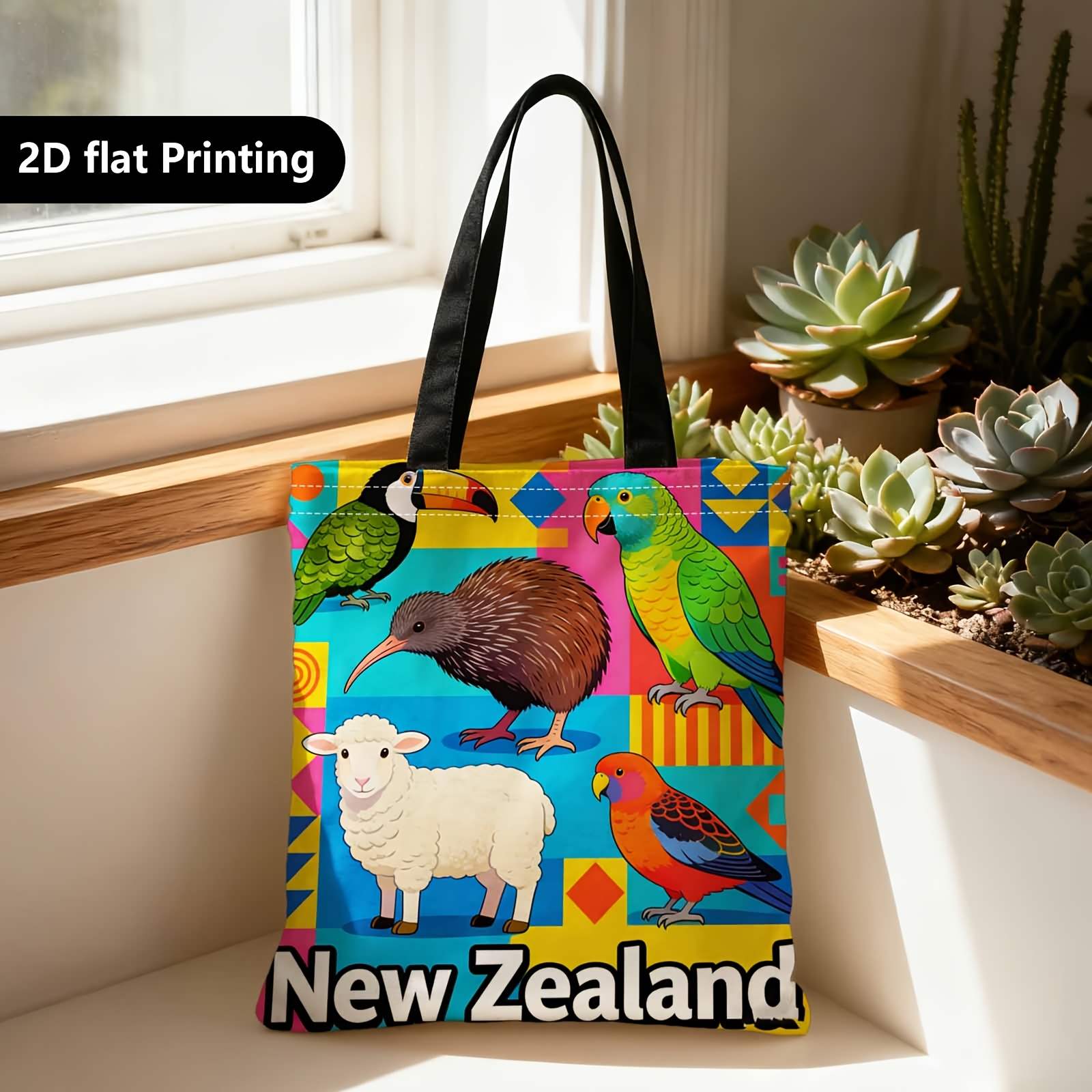 TEMU 1pc Double-sided Printing Shopping Tote Bag, Portable Shoulder Messenger Bag, 2d, New Zealand Elements With Kiwi, Sheep, Parrot Patterns,