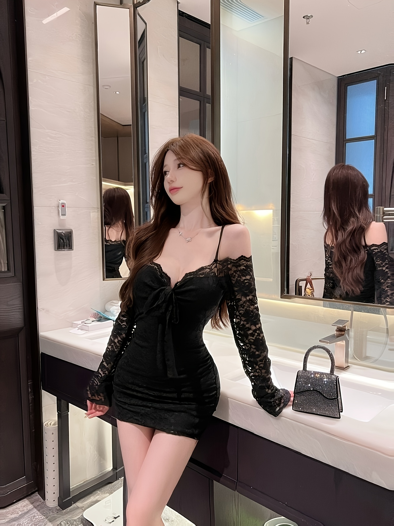 elegant lace cutout shoulder mini dress black long sleeve - Temu