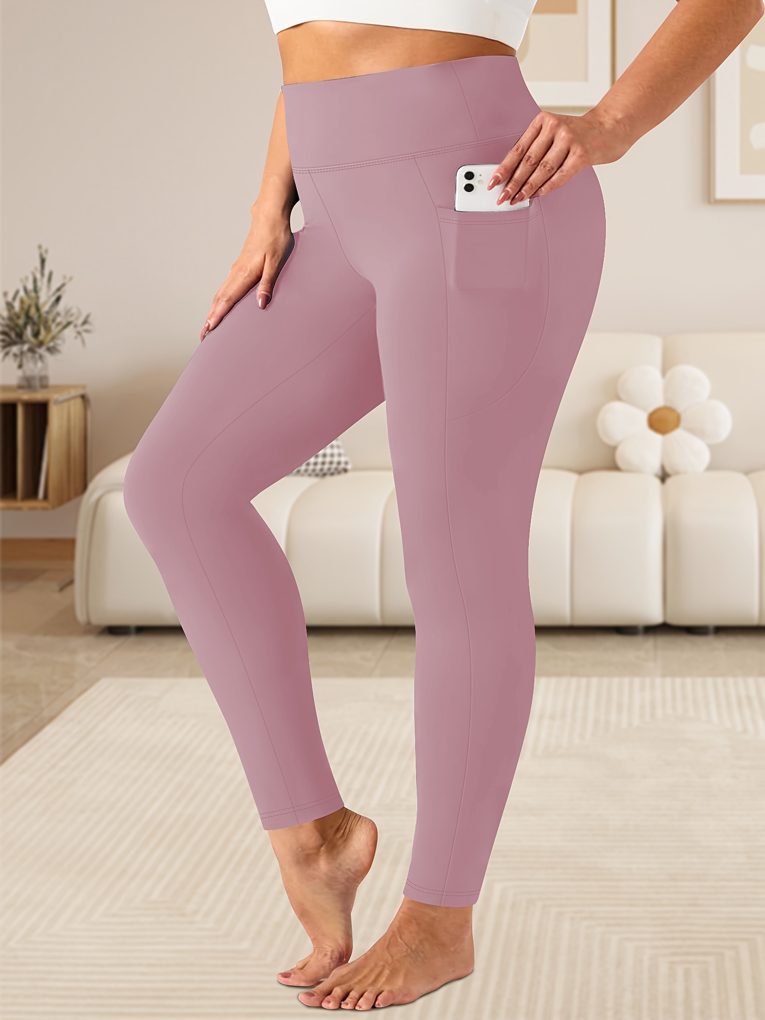 Women'S Plus Size High Waist Tummy Control Leggings with Side Pockets, 88% Polyester 12% Elastane, Knit Fabric, Stretchy Cropped Yoga Pants for Running & Fitness, All Season Solid Color Athletic Skinny Pants