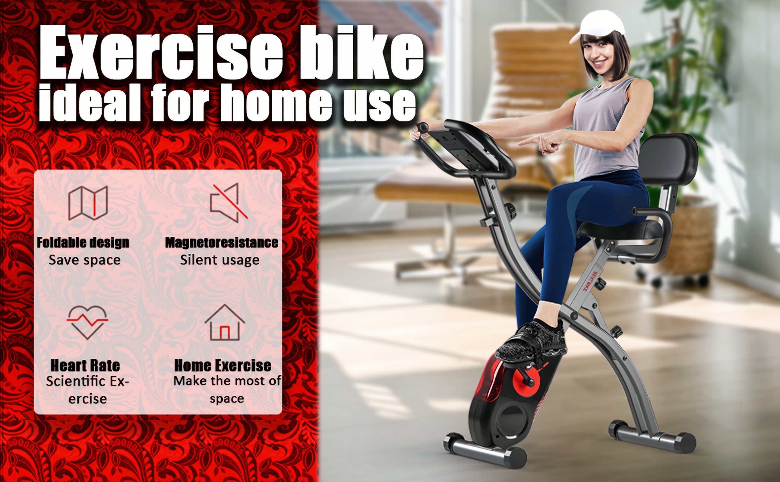 [Quiet Folding Bike] Ultra-Quiet, Foldable Magnetic Folding Exercise Bike with 8-Level Resistance - Heart Rate Monitor, LCD Display, Tablet Holder for Home Workouts, Purple