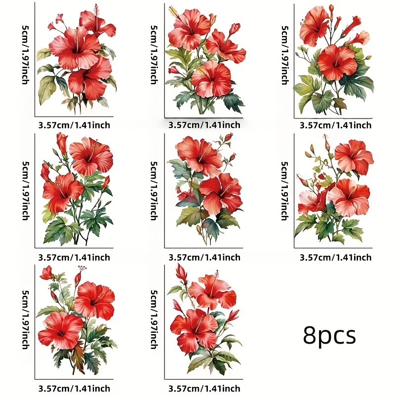 TEMU 8pcs Vintage Watercolor Red Hibiscus Flower Transfer Stickers, High Quality And Scratch-resistant Vinyl Decals, Decorating Various Items Such As