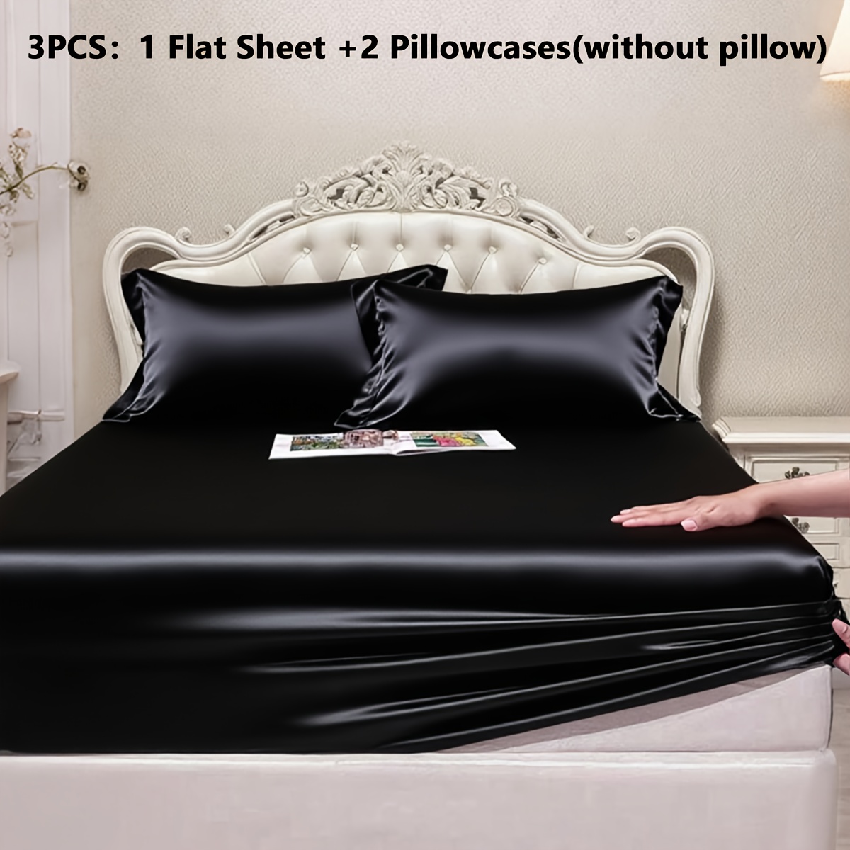 TEMU Luxury Satin Fitted Sheet Set - 1 Fitted Sheet + 2 Pillowcases, Queen Size, Cool And Breathable, Smooth To The Touch, Wrinkle-resistant, Machine