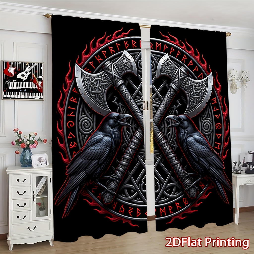 TEMU [ Product] 2pcs Viking Axe Print Curtains, Soft Light, Privacy Protection, Pocket Rod Installation Suitable For Living Room, Kitchen, Bedroom,