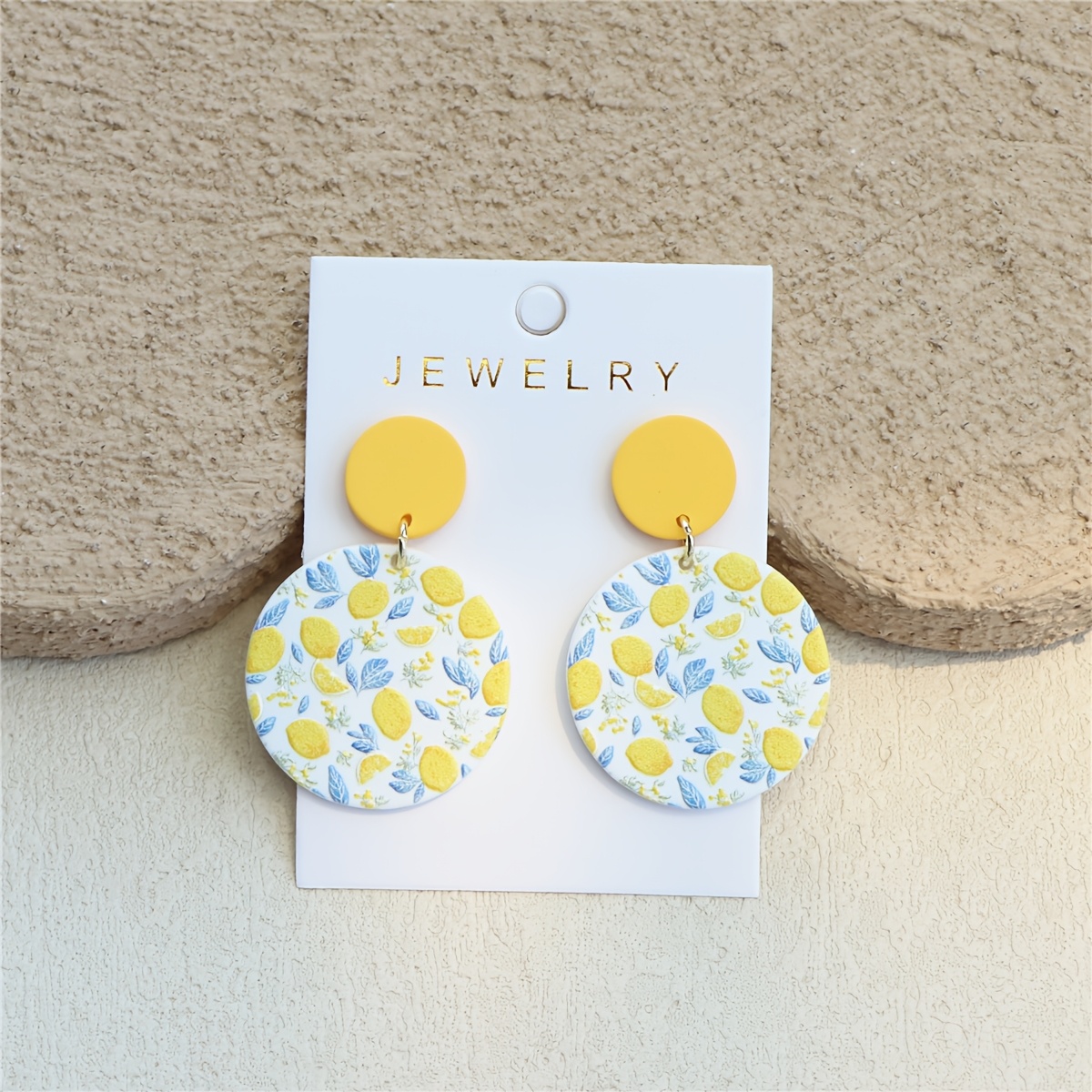 1 Pair Women's Spring Summer Fruit Lemon Print Yellow Clay-like Cute Individual Round Acrylic Earrings
