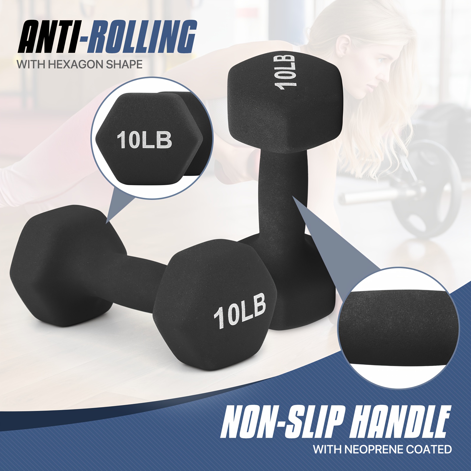 [Non-Slip Neoprene Coated Hand Weights] Set of 2 Neoprene Coated Dumbbell Hand Weights, Anti-Roll Non-Slip Hexagon Shaped 10 LB Weights