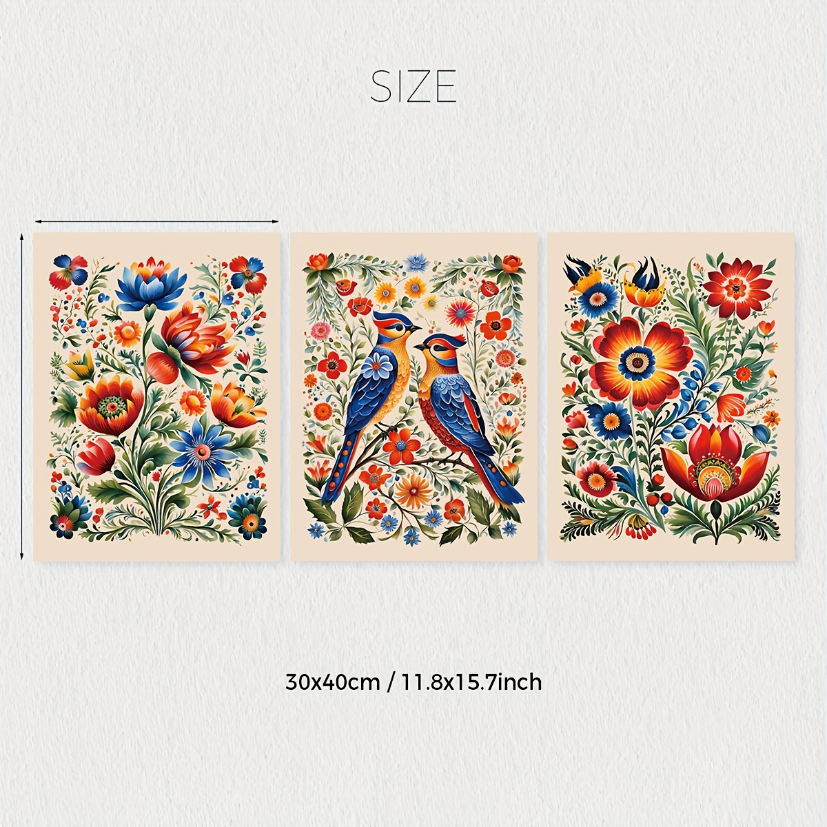 TEMU 2d Flat, 2d Flat, 2025 New Floral Canvas Art 3pcs Set Featuring Polish Folk Style Bird And Flower Wall Decor, Vintage Scandinavian Plant-themed