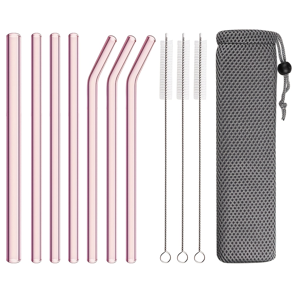 Image of 11pcs Glass Straw Set, Including 1 Straw (200*12), 3 Straight Straws (200*8), And 3 Bent Straws (200*8), With 3 Cleaning Brushes And 1 Gray Cloth Bag. Suitable For Parties And Bar Accessories