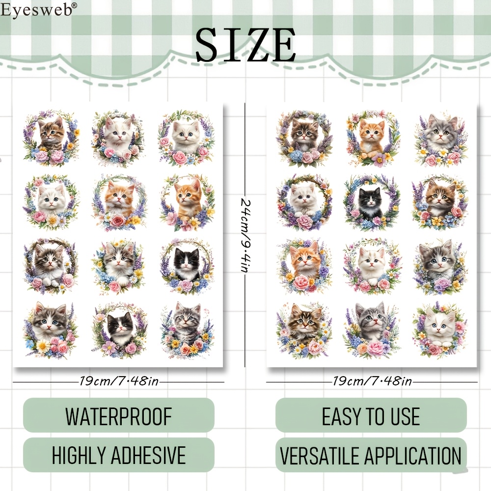 TEMU 24pcs Spring Cute Cat Dtf Transfer, No White Border Waterproof Rub On Transfers, Permanent Kitten Flower Wreath For Mugs, Cups, Tumblers, Glass,