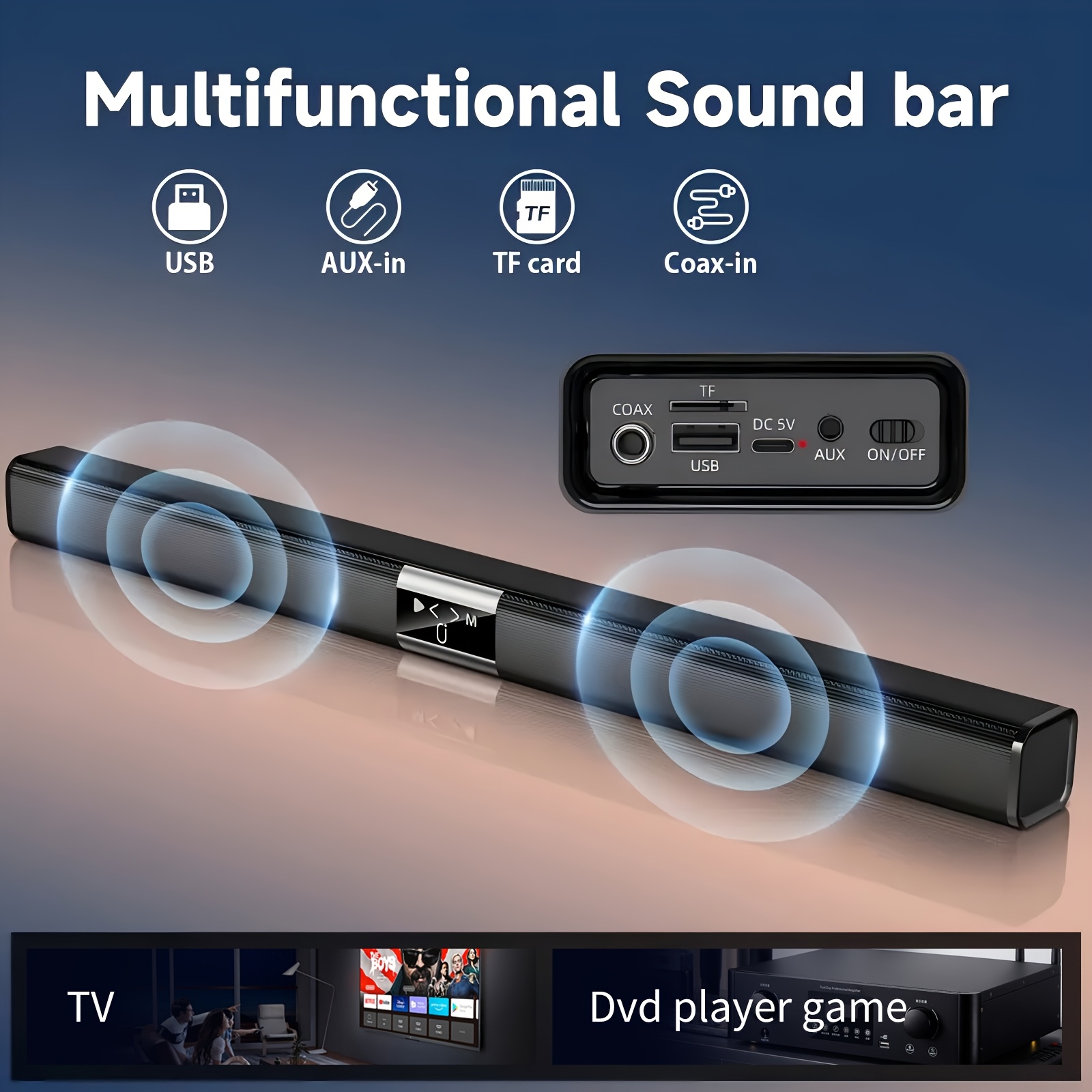 Wireless Home Theater Soundbar with Wireless, USB/Type-C/TF/ AUX  Surround Sound System, Built-in Compatible with TV, Streaming Devices,