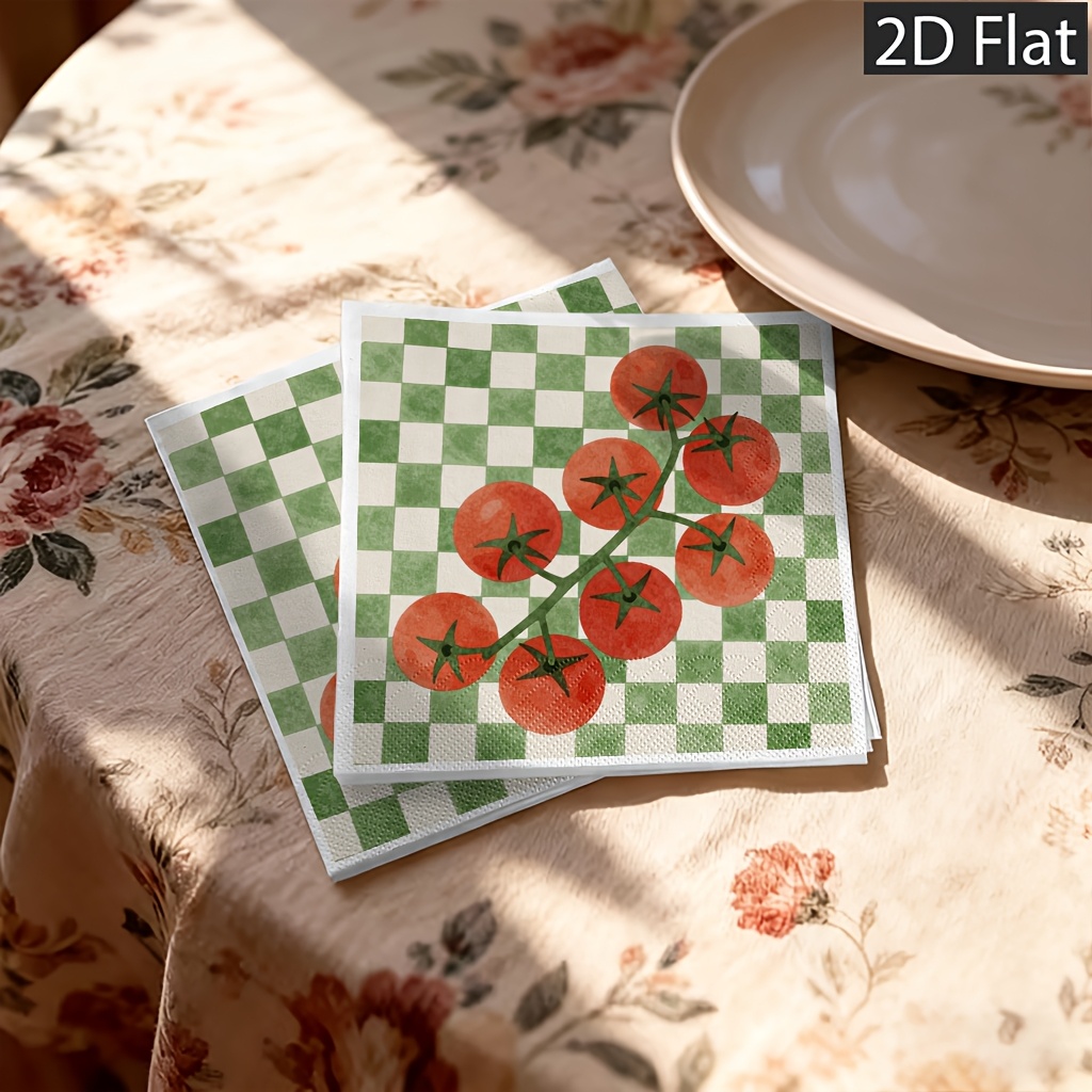 TEMU 2d Flat 20pcs Tomato Illustrations On Green Checkered Background, Disposable Paper Napkins, 2-ply For Extra Durability - Weddings, Birthdays &