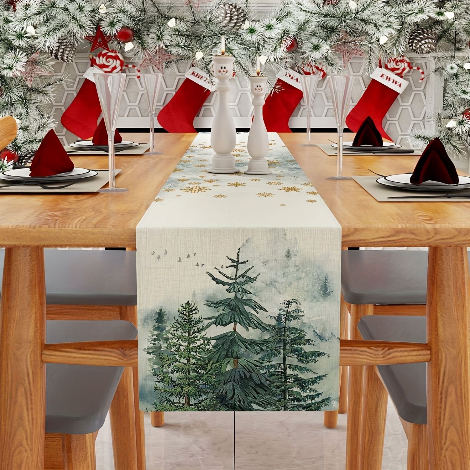 

1-pack Polyester Christmas Table Runners With Golden Snowflakes And Trees, Festive Holiday Dining Decor For Indoor And Outdoor Parties, Woven Rectangular Table Cover 100% Polyester