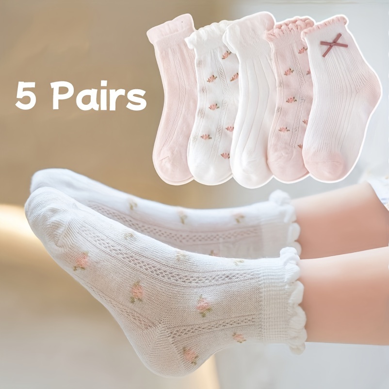 

5 Pairs Of Girl's Cartoon Bowknot Flower Pattern Knitted Socks, Mesh Thin Comfy Breathable Soft Crew Socks For Outdoor Summer Wearing