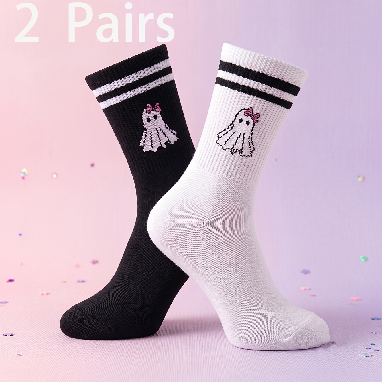 TEMU 2 Paar Damen-Sportsocken in zufälliger Farbe, niedliche schwarz-weiße Streifen, Freizeit, wadenhoch, weich, bequem stilvoll, geeignet für den ,