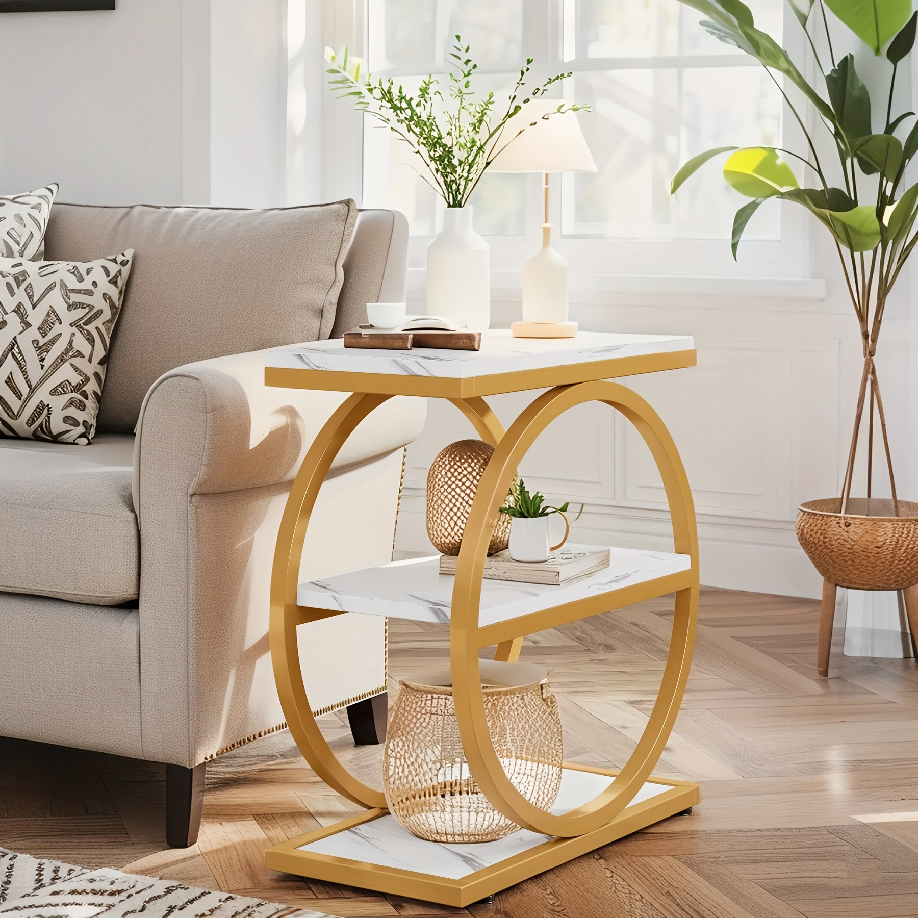 Vintage End Table Set Of 2, Narrow End Table with 3 Storage Shelves, Farmhouse Wooden Side Table, Industrial Small Sofa Side Table for Living Room, Modern Slim Nightstand And Bedside Table for Bedroom