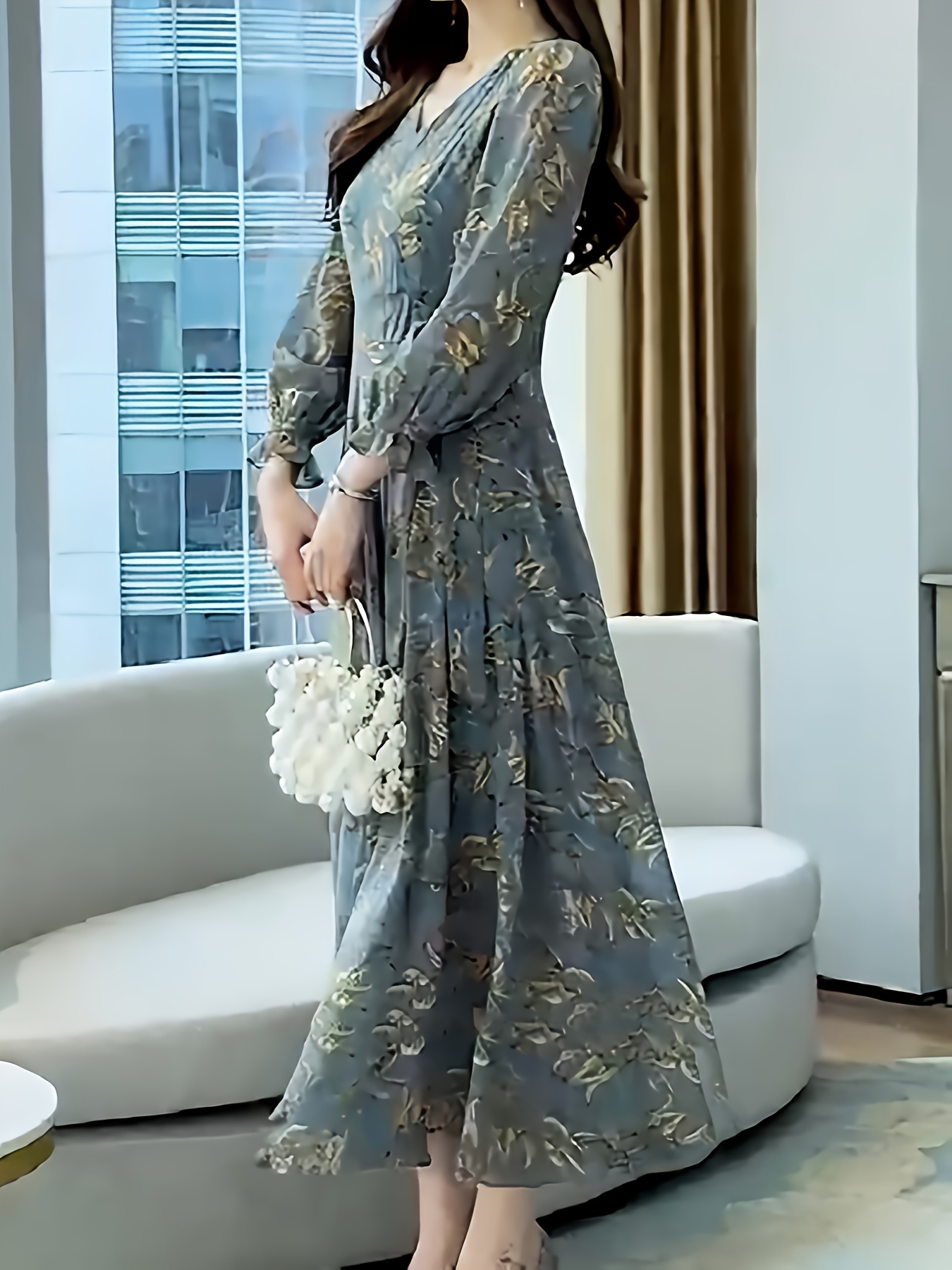 elegant long sleeve floral midi dress vintage style v neck - Temu