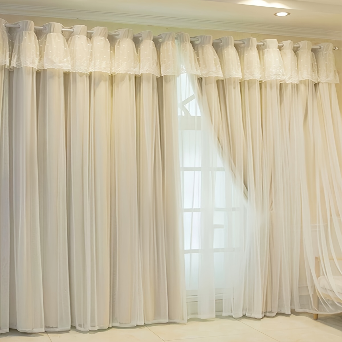2pcs French Cream Beige Double-Layer Lace Curtains Suitable for Household, Rental Homes & Homestays - Light Blocking Floor-Length Window Drapes with Grommet Top, Sheer Panels for, Machine Washable for Bay Windows, Bedroom