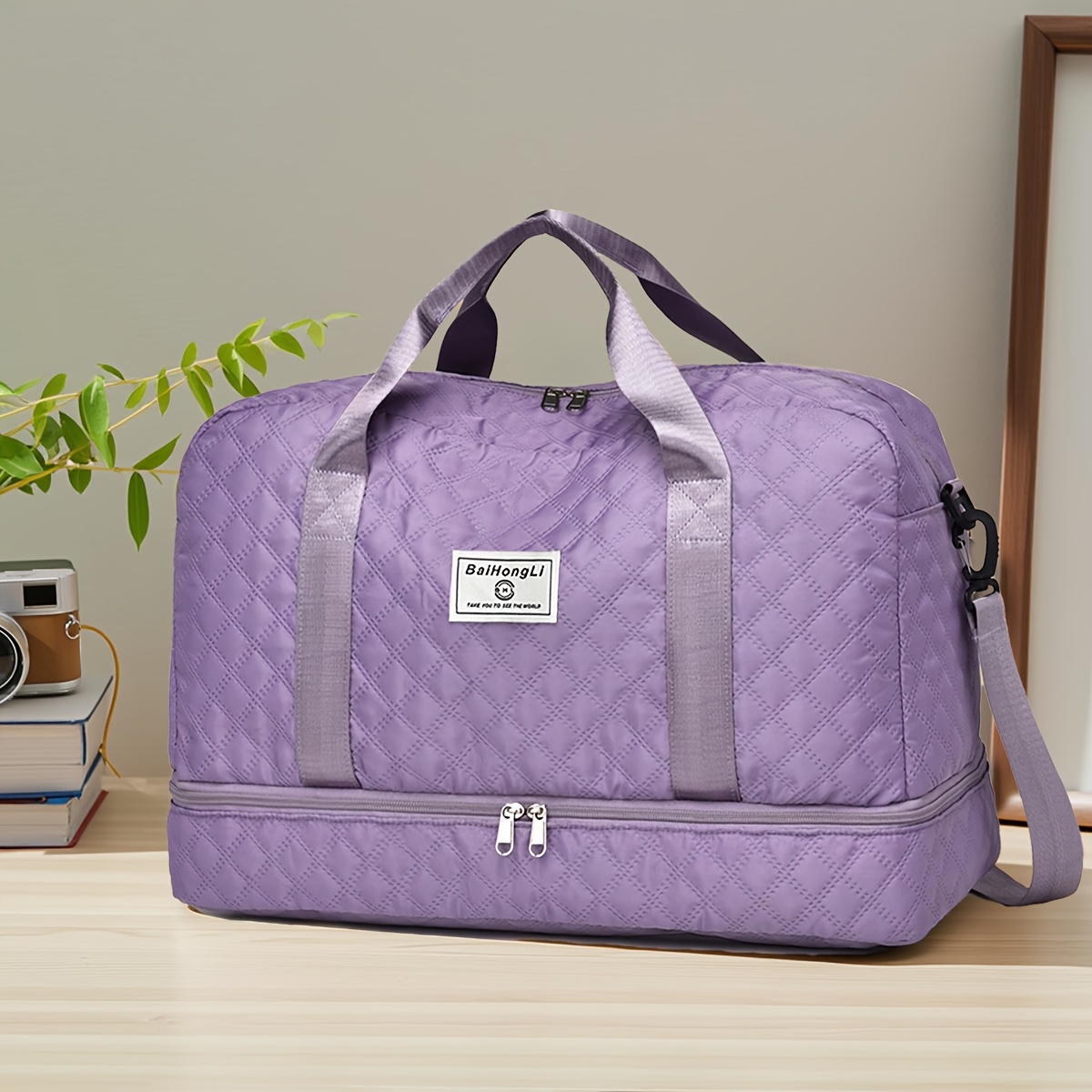 TEMU Nylon Travel Duffel Bag, Large Capacity, Solid Color, Zipper Closure, Handheld Or Shoulder Carry, With Black And Beige Options, For Outing And
