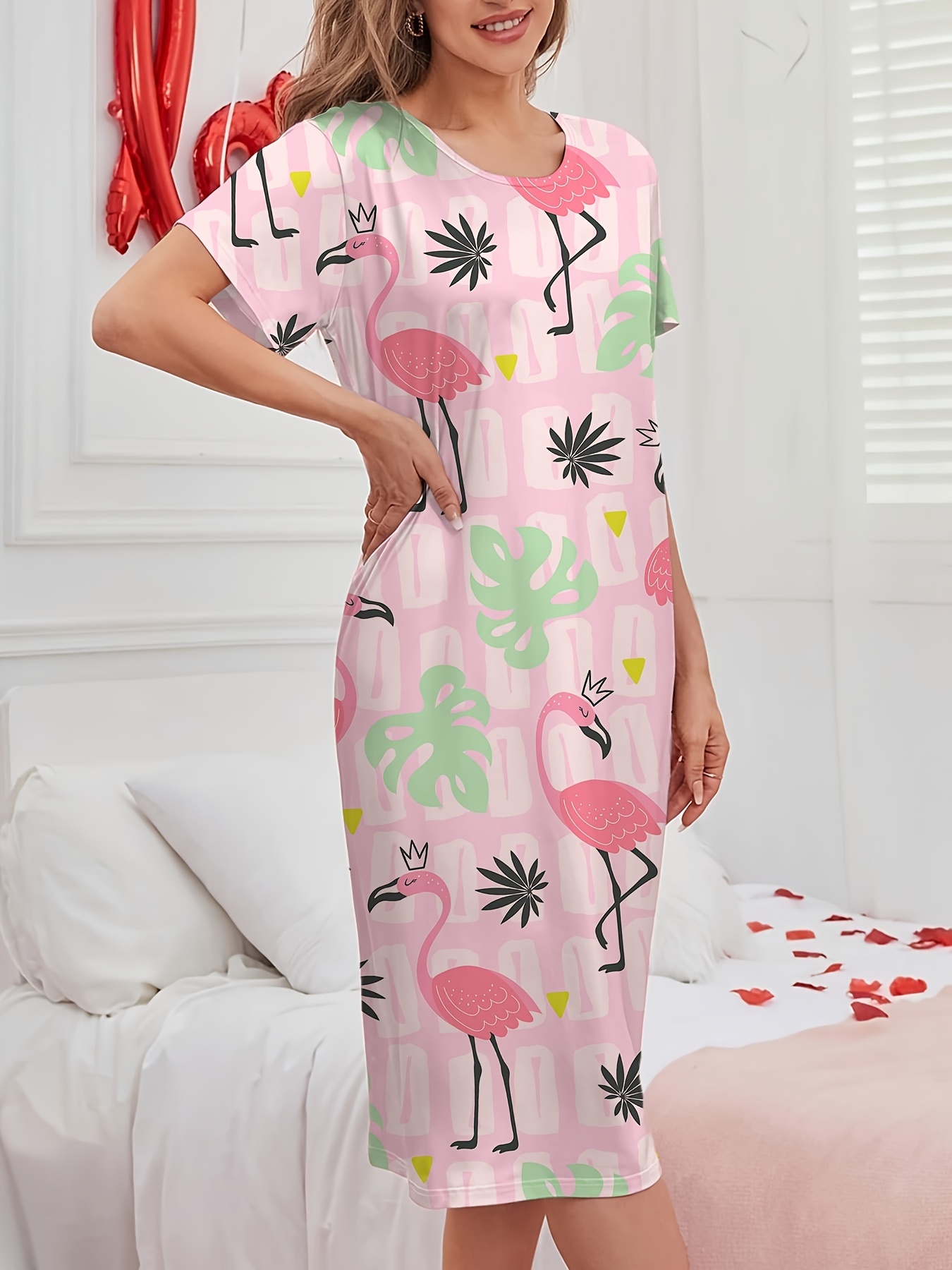 knee length dresses for ladies Women's Flamingo and Tropical Tree Print Beach Dress S/M / Blue