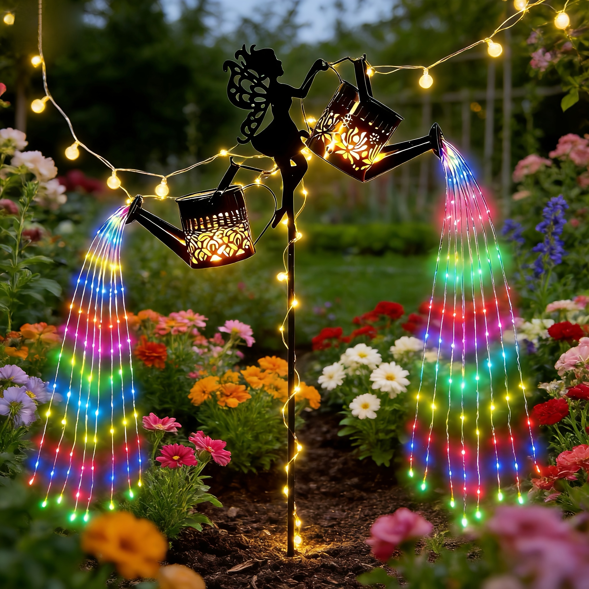 Temu – TEMU New Fairy 2 Kettles Waterfall With 150 Led Lights Solar Garden Outdoor Decor Light Outdoor Waterproof Ip44, Solar Hanging Lantern Solar Roses