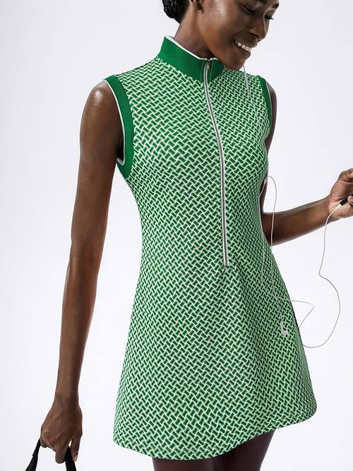 summer womens sporty dress set 2pcs tennis outfit geometric pattern sleeveless stand collar dress with half zip line skirt white shorts golf apparel set activewear running skirt
