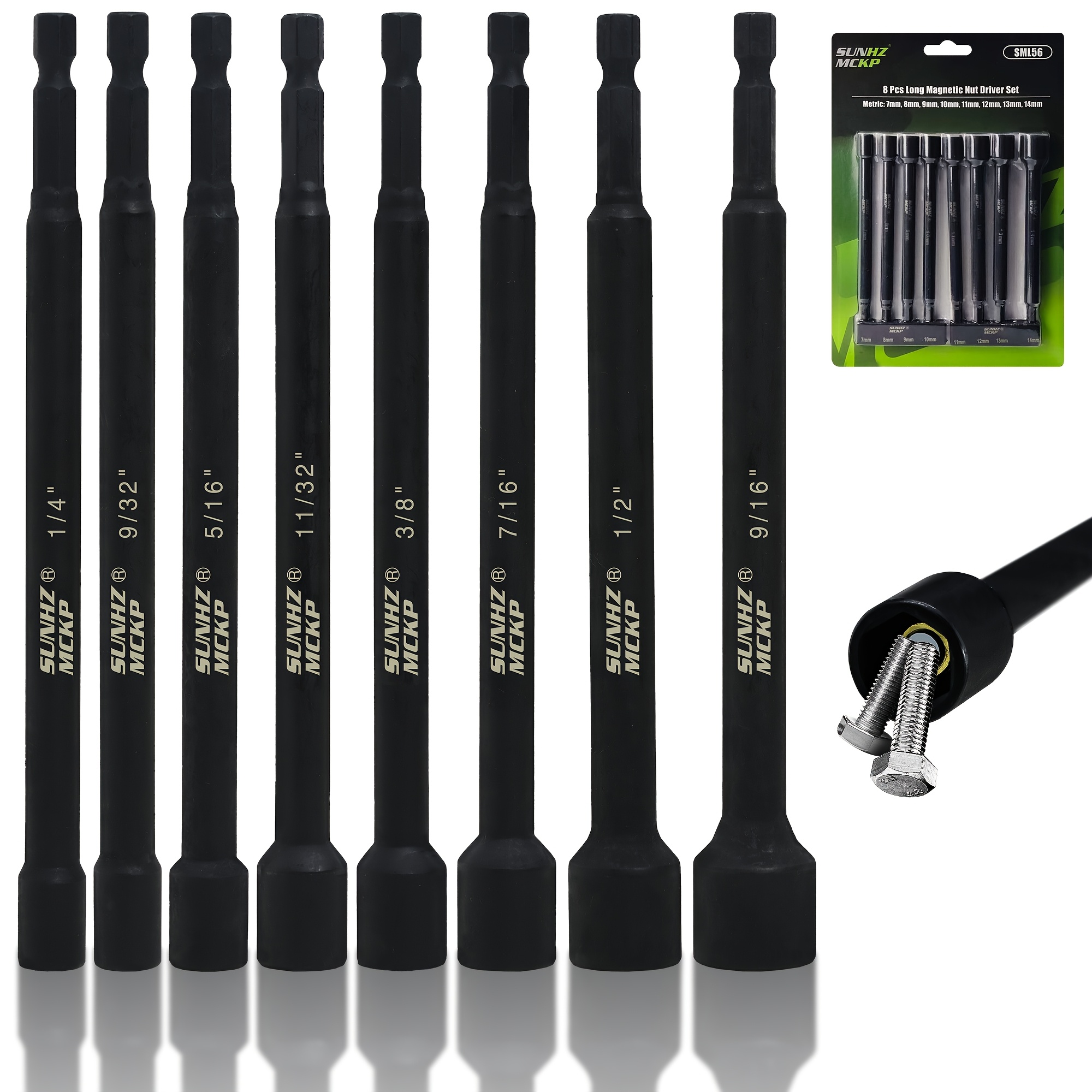 TEMU Ensemble de 8 douilles magnétiques à impact, longueur de 6 pouces, SAE (1/4" - 9/16") et métrique (7 mm - 14 mm), embouts de douille à impact