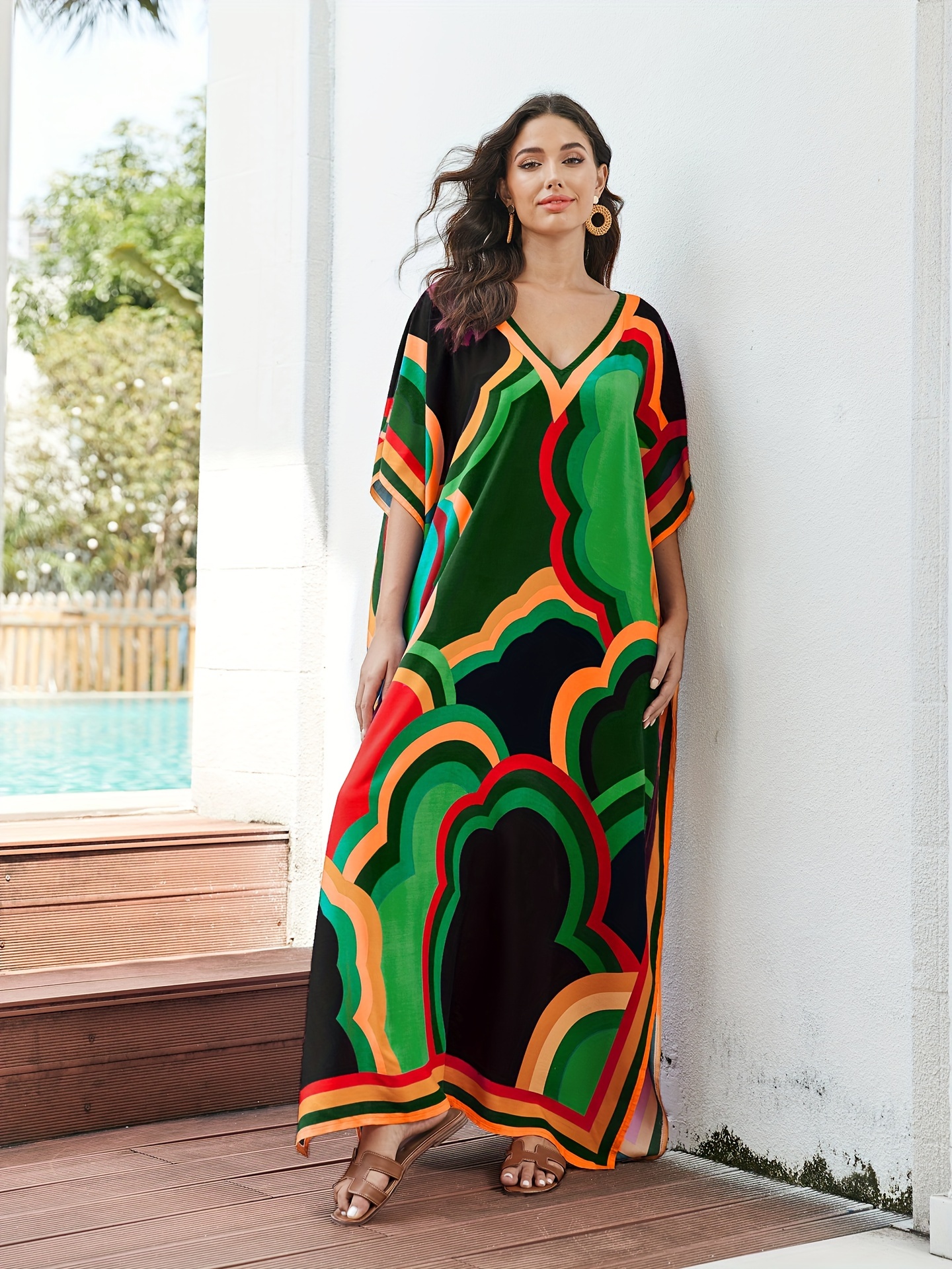 boho style viscose kaftan dress women v neck short sleeve - Temu