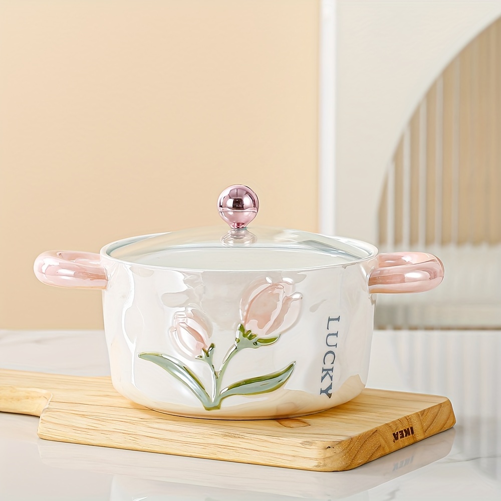 1Pc Ceramic Bowl With Lid Pearl Glazed Tulip Double Ear   Creative And Cute Soup Bowl Rice Bowl Instant Noodle Bowl Fruit Bowl Used For   And Restaurant   Kitchen Supplies Tableware Accessories Product Details 5