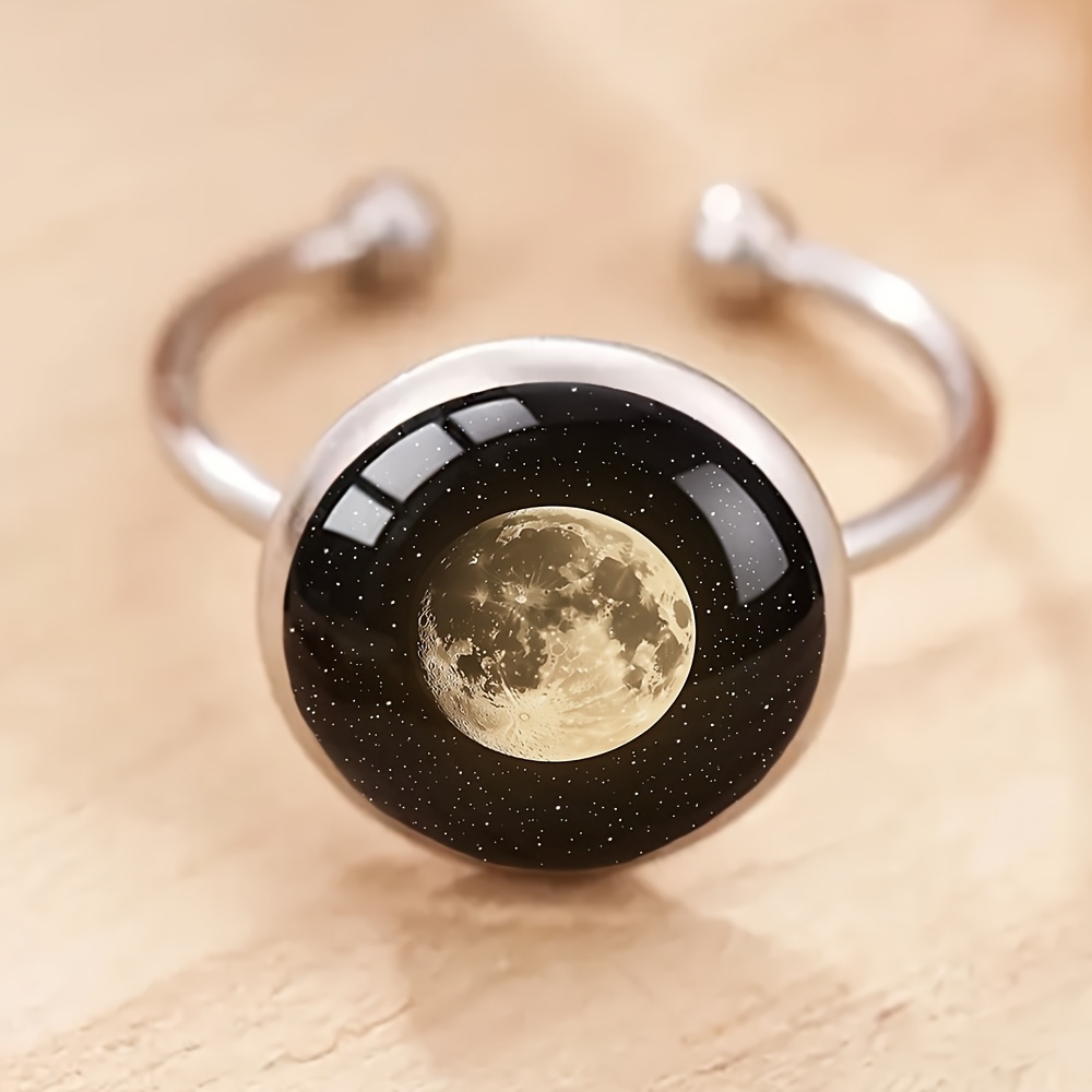 TEMU Night Sky Moon And Stars Pattern Steel Ring, Adjustable Size, Simple And Exquisite Ring, Suitable For Daily Wear And Holiday Gifting