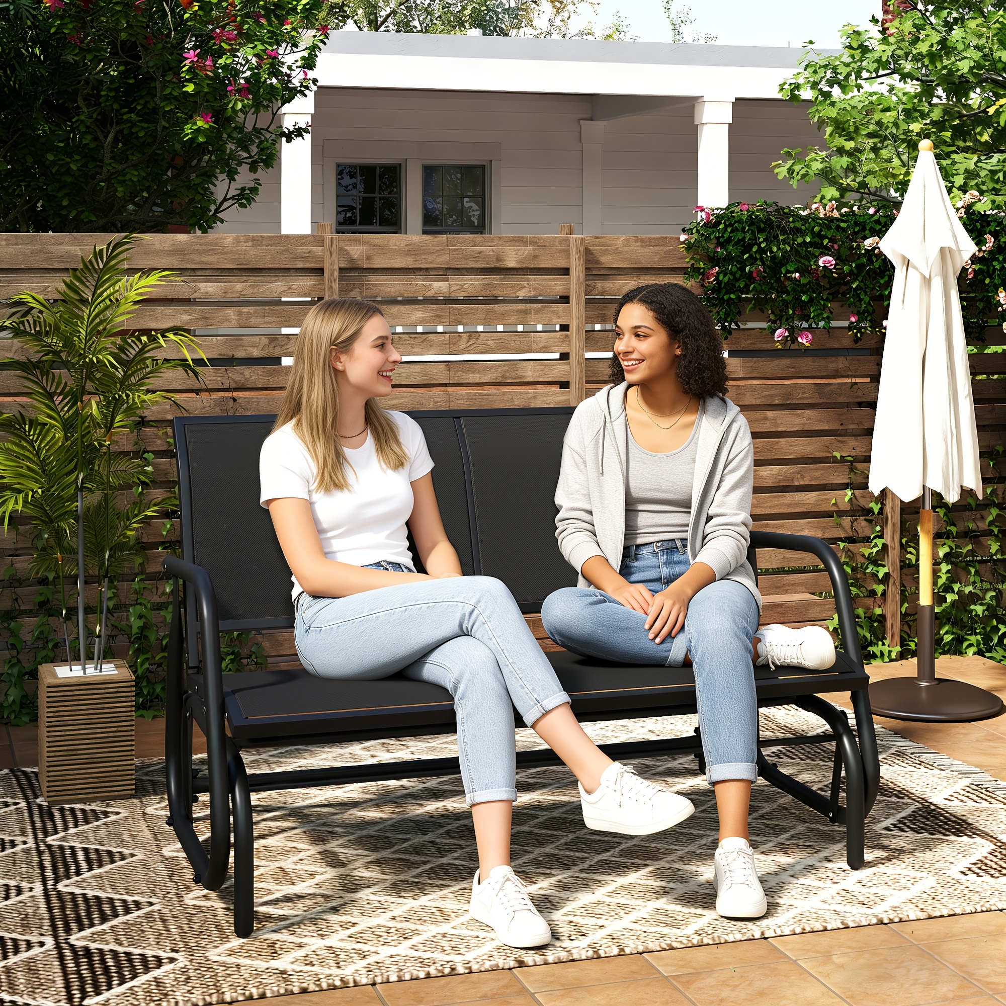 TEMU Outdoor Glider Bench, Patio Rocker Glider For 2, Heavy Duty Rustproof Frame With Uv Resistant Mesh, 440lb. Capacity, 3 Colors