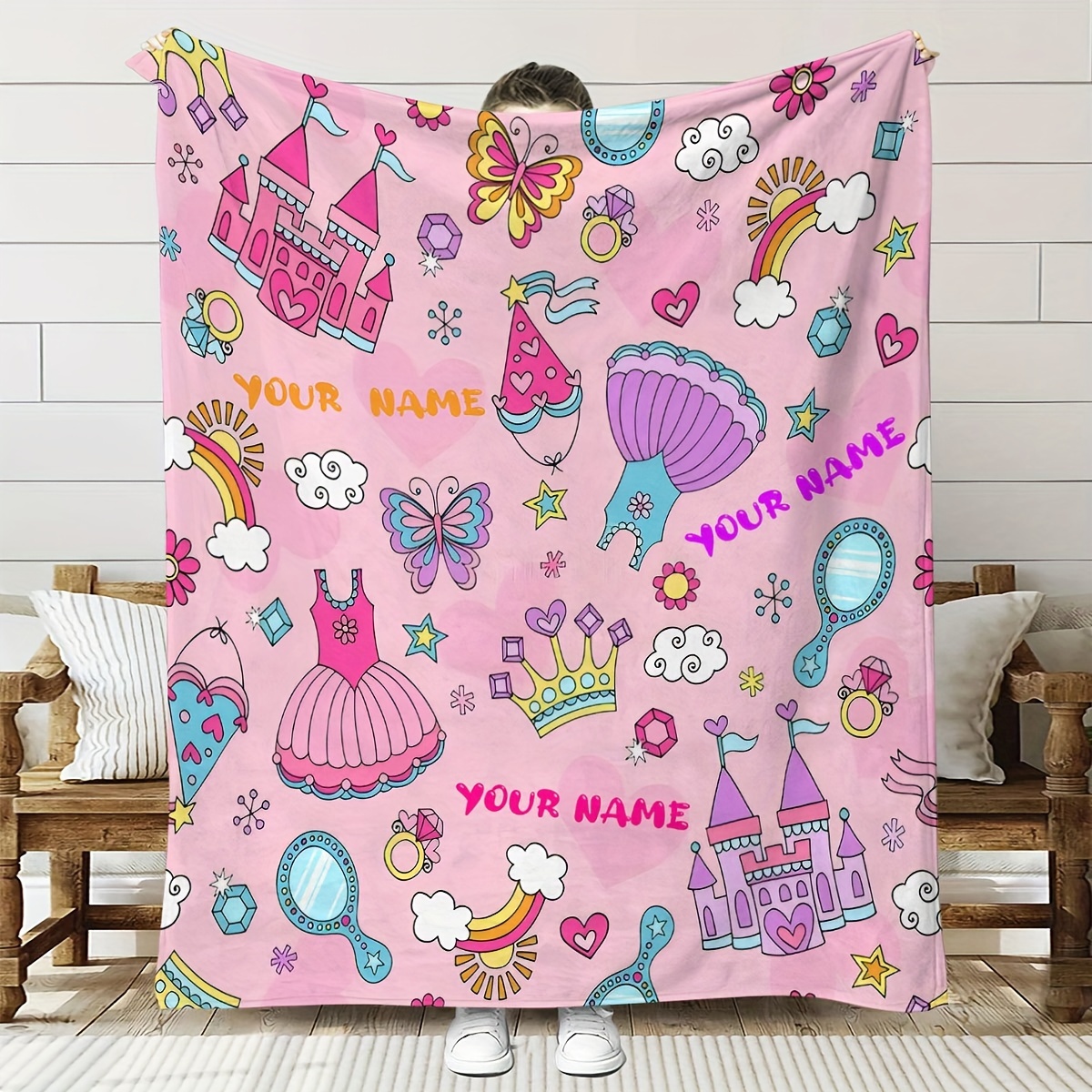 

Custom Princess Themed Flannel Throw Blanket - Personalized Name, Crown & Castle Print - Reversible, Soft & Cozy Multipurpose Throw For Home Decor - , 100% Polyester, Machine Washable