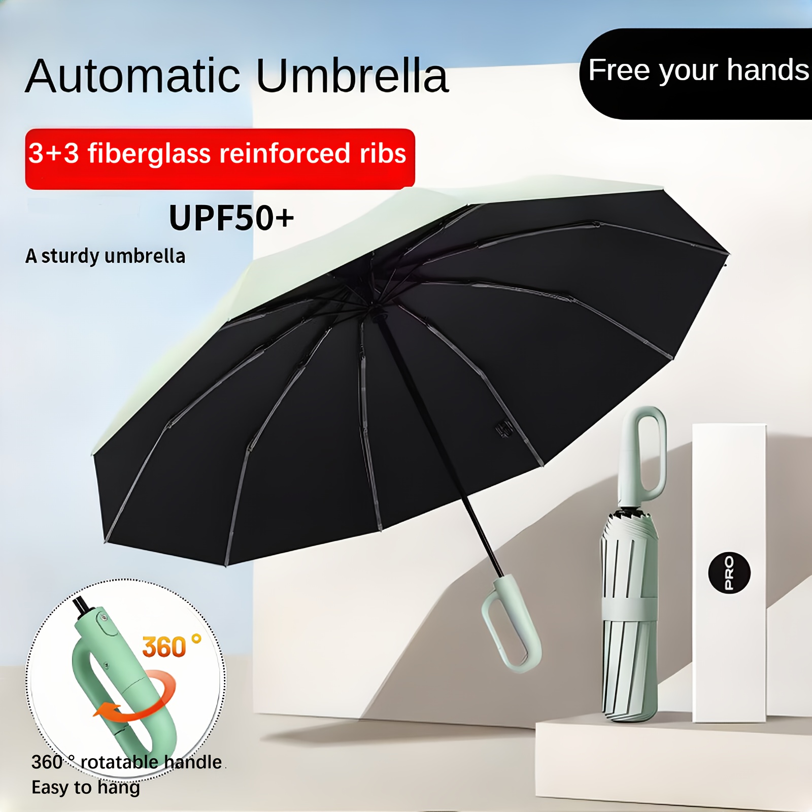 item picture automatic umbrella with 10 rib windproof design upf50         closure 3 knee 1 elbow reinforced compact foldable travel umbrella for men women umbrella heavy duty windproof   stylish accessory