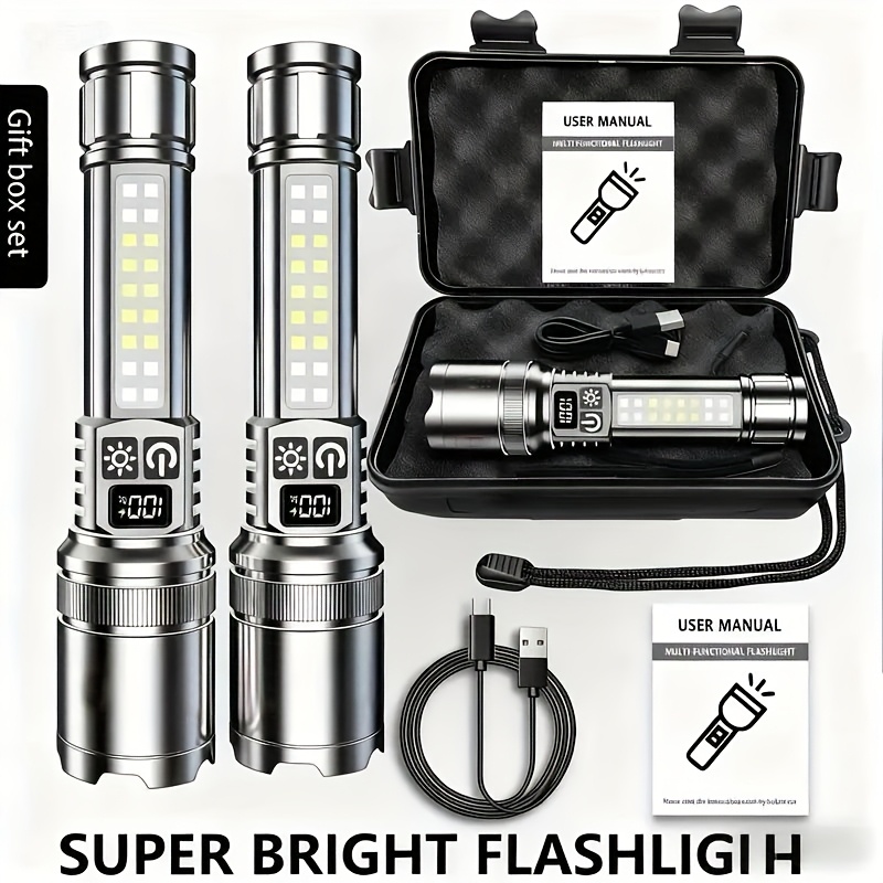 TEMU 2pcs Led Flashlight High , Rechargeable Flashlight With , 5 , Flash Light For Camping Essentials, Outdoor, Home, Survival Gear, , Light, Powerful Torch, Campers And