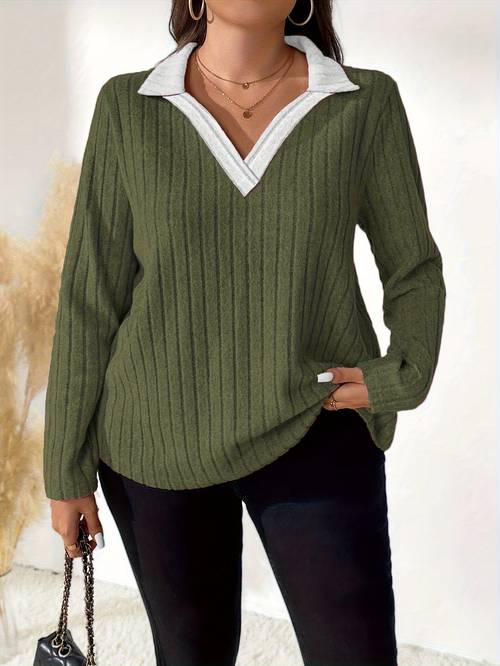 plus size plus size womens plus size solid color contrast collar long sleeve loose t shirt top