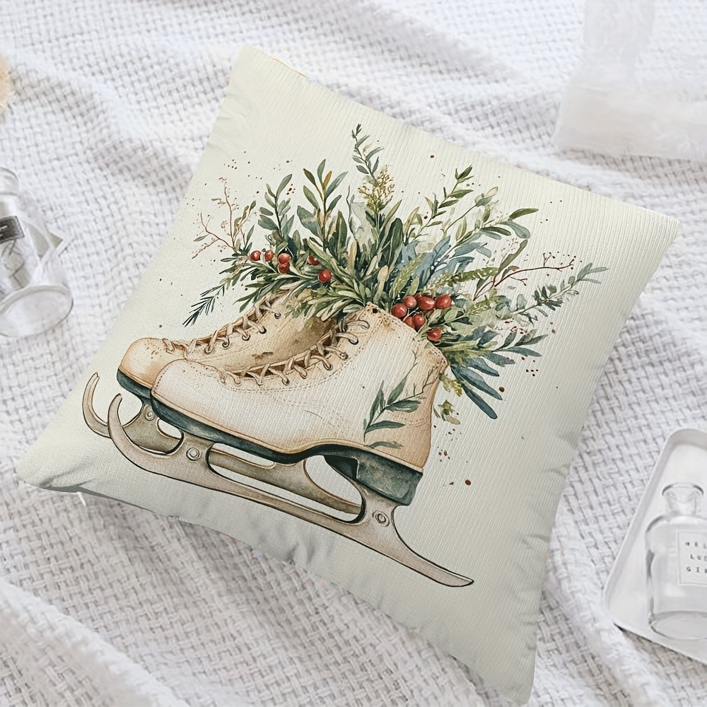 

Watercolor Ice Skates Plush Pillow Cover 18x18" - Vintage Style, Zip Closure, Machine Washable For Living Room, Bedroom, Office Decor