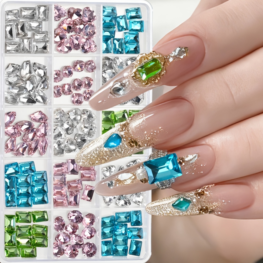 TEMU Kit de strass pour ongles 90 pièces, et couleurs multiples, 15 grilles de pierres de cristal à dos plat (carré, cœur, , ovale), couleurs rose,