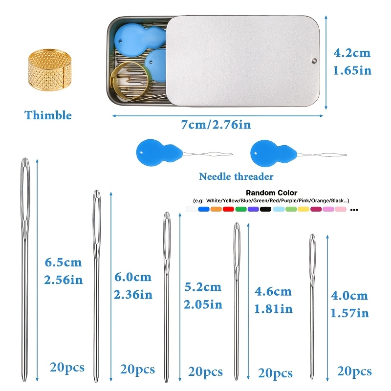 TEMU 100pcs Stainless Steel Large-eye Blunt Needles, 5 Sizes Tapestry Needle With Needle Threader Thimble, Yarn Needles For Sewing Knitting Crafting