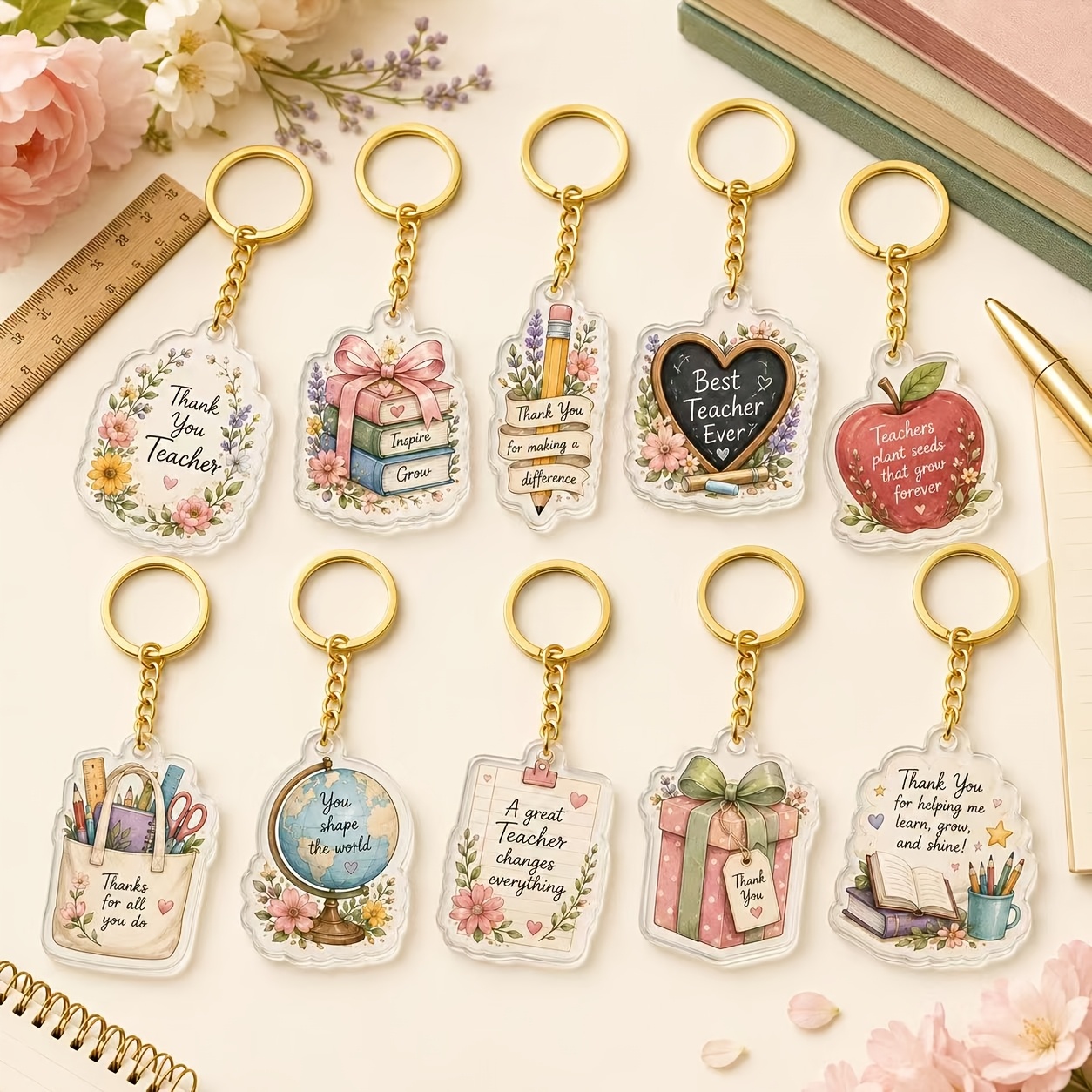 TEMU 2d Flat 10pcs Teacher Appreciation Acrylic Keychain Set, Thank You Teacher Quote Keychains, Cute Book Floral Keychains, Teacher's Day Graduation