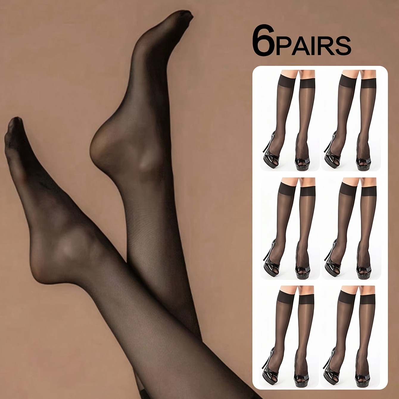 

6 Pairs Of Women's 15d Black Anti-snag Sheer Stockings, Sexy Ultra-thin Knee-high Socks.