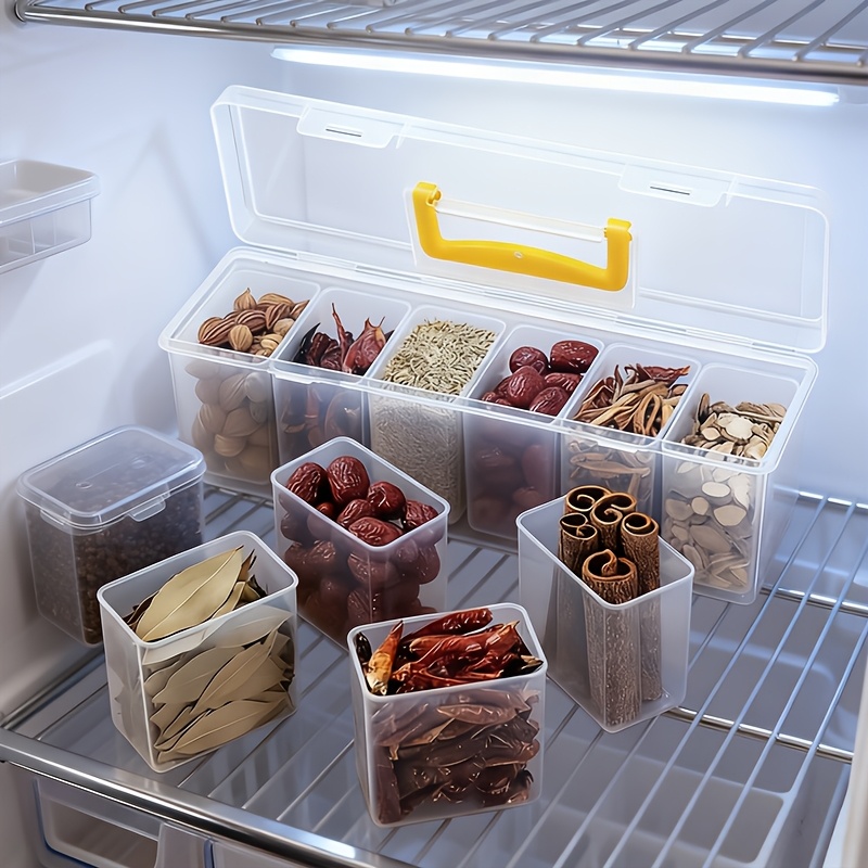 7pcs Refrigerator Storage Box Set: 1 Large Box + 6 Small Boxes with Lids, Compartmentalized Sealed Spice Container Set - PP Material, Food-Safe Storage Boxes, Detachable Spice Containers, Suitable for Spices, Herbs, Seasonings, Multi-Purpose