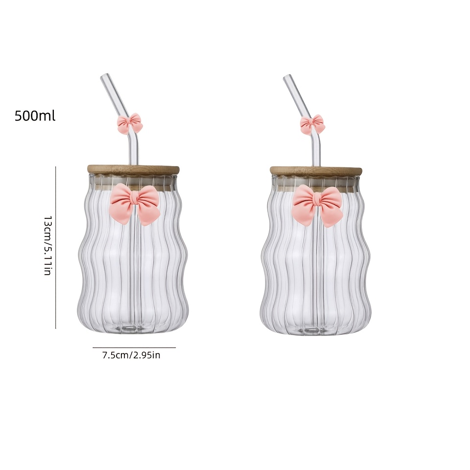 Image of 2pcs Bow Vertical Stripe Cups, With Lids And Straws For Convenient Drinking, Aesthetic Design, Wavy Clear Cloud Cups, Perfect For Iced Coffee, Cute Drinking , New Drinkware